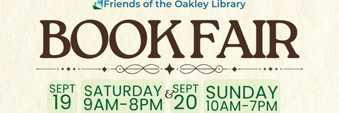 Friends of the Oakley Library Book Fair flyer at Barnes & Noble Brentwood, Sept 19 (Sat, 9am-8pm) and Sept 20 (Sun, 10am-7pm), supporting library programs via a percentage of book and café sales. Includes a rendering of a new library building with decorative books and coffee cup icons
