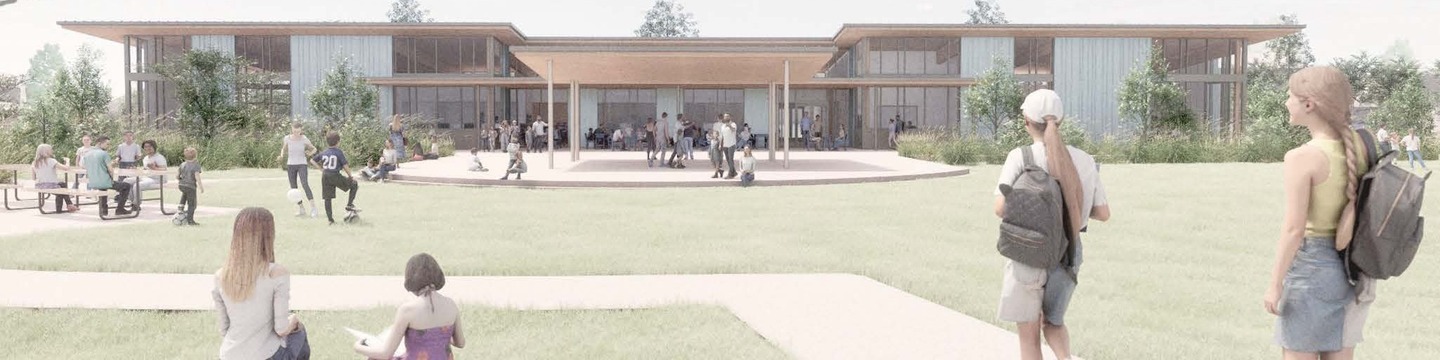 Architectural rendering of a proposed library with a modern wood-and-glass design, showing a large lawn, outdoor gathering area, and people walking, sitting, and playing on the grounds.