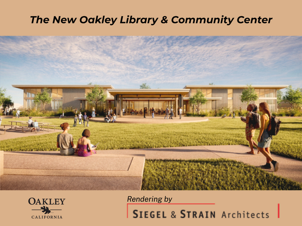 Oakley Library & Community Center above open book with center pages making a heart and four pictures of children, seniors, a woman with a girl in a wheelchair and students using tablets and laptops