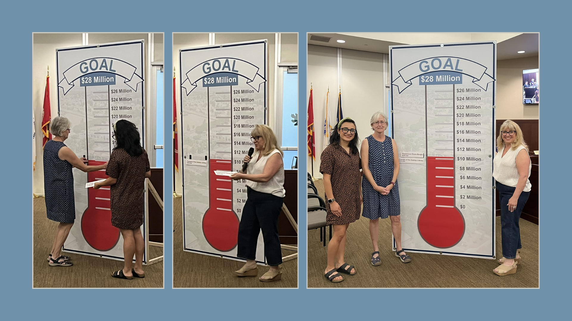 Three photos of the October 8th City Council meeting goal thermometer being raised by the Friends of the Oakley Library and Supervisor Diane Burgis.